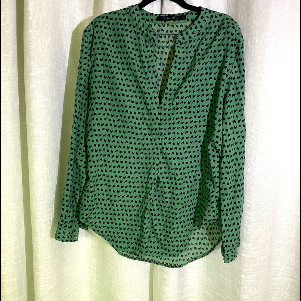 FUN 2 FUN Blouse V-neck-  Good condition. Green with black bird accents.